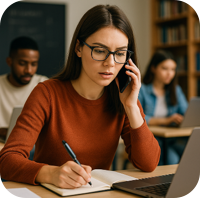Telefonierende, schreibende Frau am Notebook